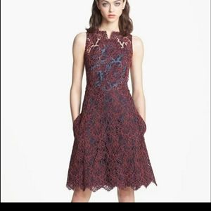 Carven red/blue lace midi dress size 38 = 6 US